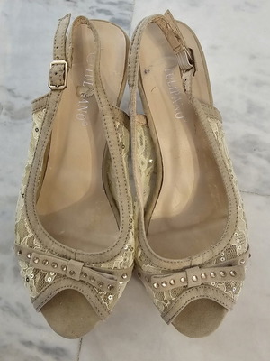 Tulipano women's peep-toe sandals used, size 38, beige with lace and sequins