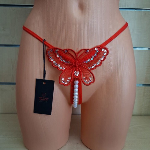 String with butterfly design and decorative pearls, new, red
