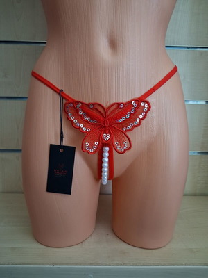 String with butterfly design and decorative pearls, new, red