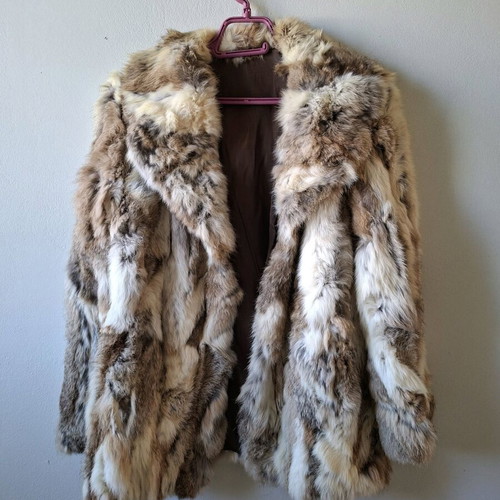 Natural fur coat used, 90s style, beige and brown