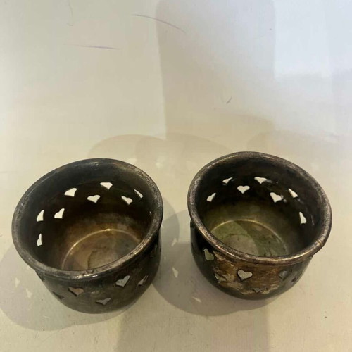 Vintage set of 2 silver-plated tealight candle holders with heart cutouts used
