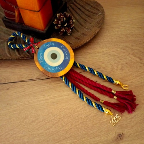 Handmade large 2026 charm with burgundy and blue gold cord and wooden eye