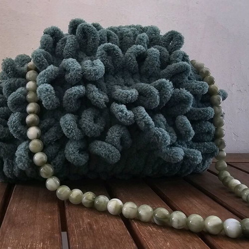 Puffy bag handmade handheld dark green with marble chain new