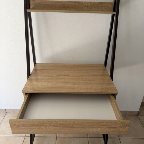 Desk with wooden surface, metal frame and drawer
