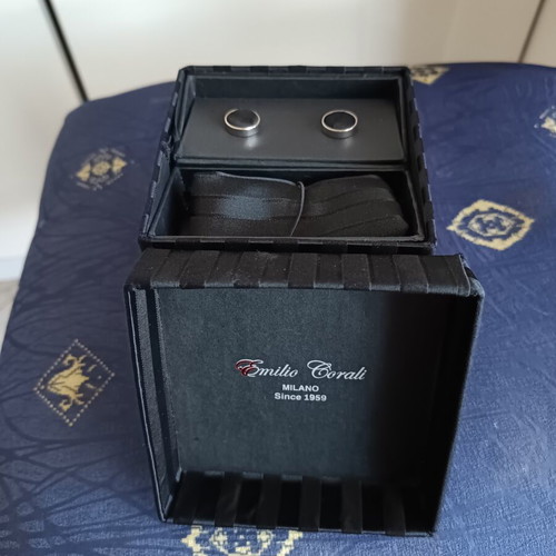 Tie set with cufflinks and handkerchief, new, black satin