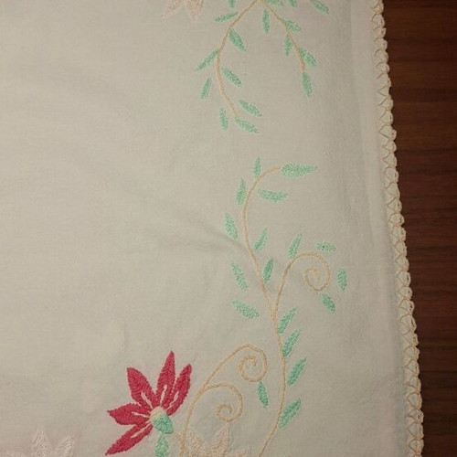 Vintage tablecloth with multicolored embroidered flowers, 133x128 cm