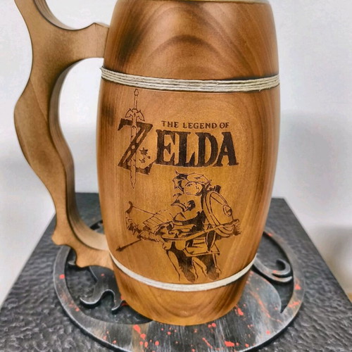 Wooden beer mug Zelda with carved handle and pyrography