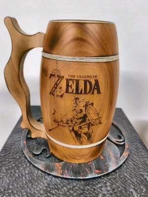 Wooden beer mug Zelda with carved handle and pyrography