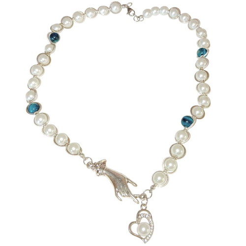 Handmade necklace with white pearls, blue tiger eye and metal elements new
