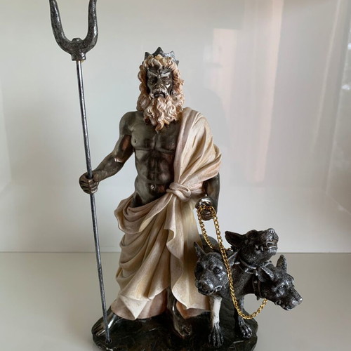 Hades figurine with Cerberus used, synthetic porcelain