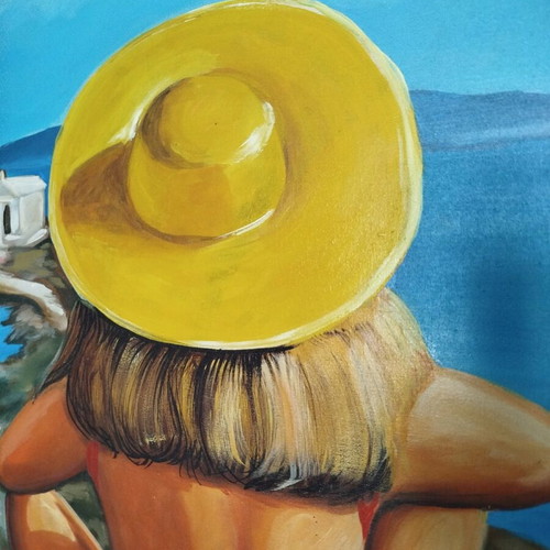 Painting "Yellow Hat" on canvas by Ch. Koiliaris like new, 2002