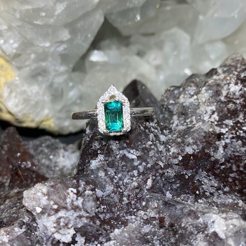Silver ring with natural indicolite tourmaline and moissanite