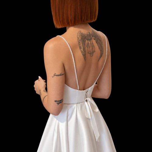 Galliano wedding dress satin with long train and tulle choker veil