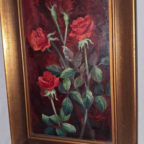 Victoria Caradja Signed Oil Painting on Wood Roses