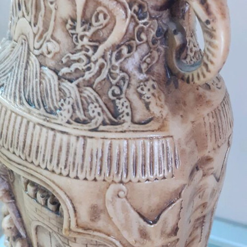Vintage Oriental Vase with Relief Scenes and Elephant Handles like New