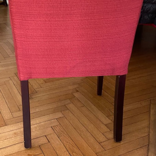 Dining chair used, wood with dark orange-red fabric