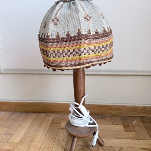Vintage table lamp with embroidered shade and wooden tripod base like new