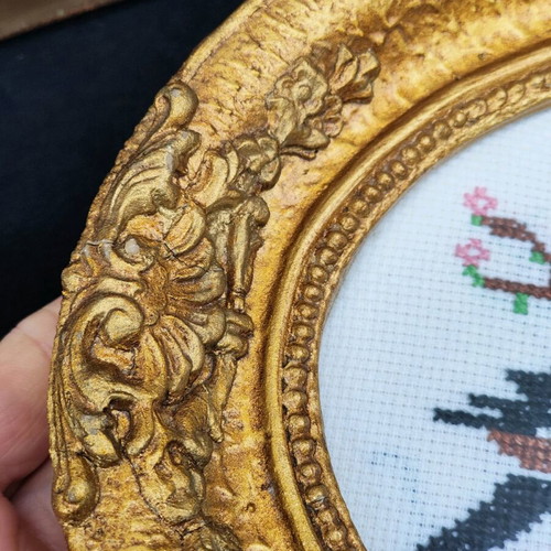 Vintage gobelin with birds used, golden baroque relief frame