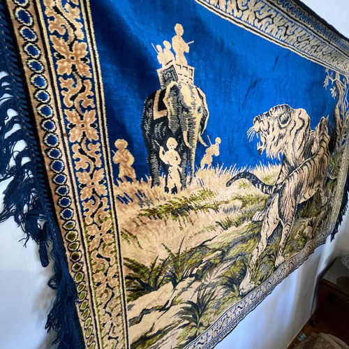 Large vintage tapestry with tigers and elephants on blue background like new