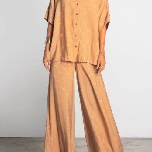 Moutaki set shirt and wide-leg pants, brown and gold