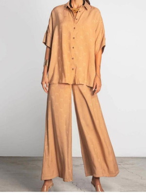 Moutaki set shirt and wide-leg pants, brown and gold
