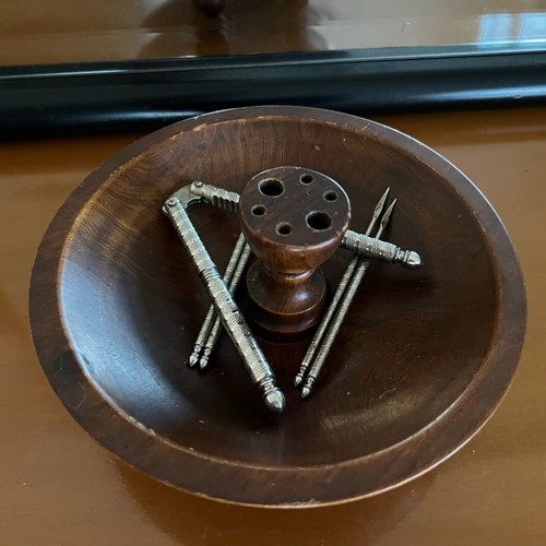 Vintage American Wooden Nutcracker Set with Bowl and HMO Tools used