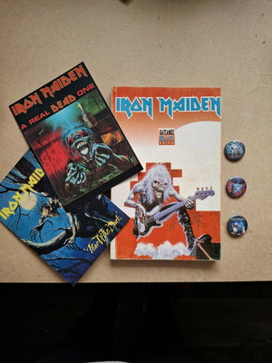 Iron Maiden vintage music book with lyrics, postcards and badges used