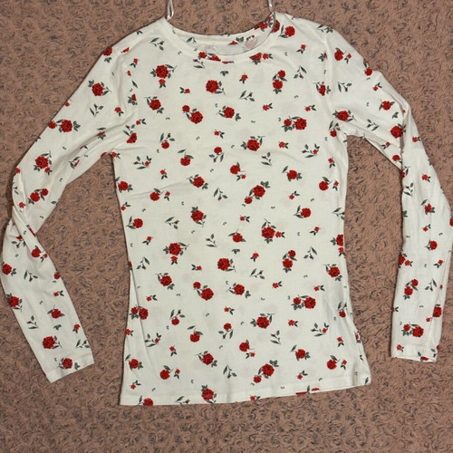 Cotton blouse thin long-sleeve white with red flowers like new, size M