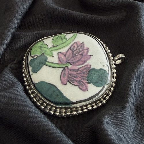 Vintage Chinese Porcelain Shard Pendant with Pink Lotus Motif used