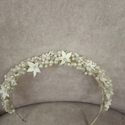 Bridal headband with Swarovski stones, pearls and porcelain flowers