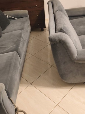 Sofa set used, three-seater and two-seater velvet gray fabric