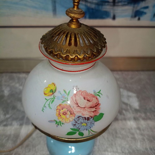 Opaline lamp used with hand-painted shade, shabby chic style