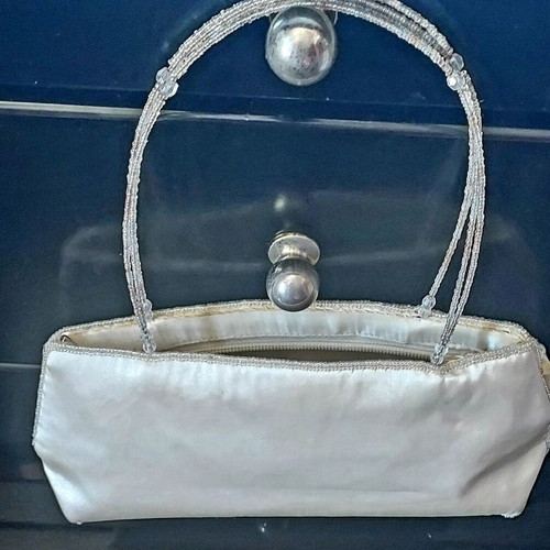 Evening bag used, shoulder type with beaded embroidery in white and gold