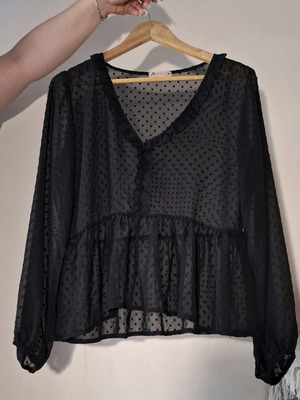 Black Sheer Polka Dot Blouse with Ruffles like new, size L