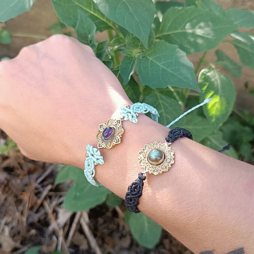Macrame amethyst bracelet with adjustable brass charm