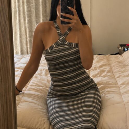 Long Stripped Dress with Cross Neck like new, black and white