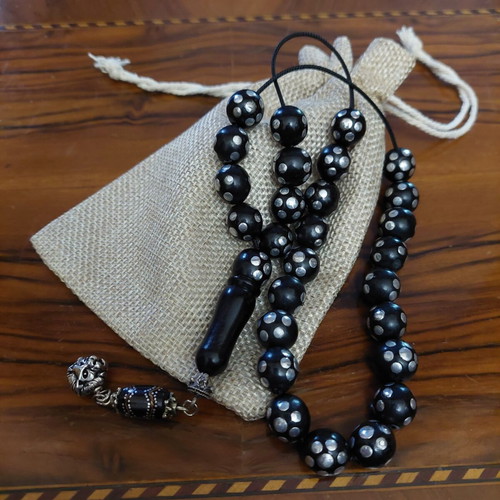 Komboloi with 27 ebony beads and silver metal inlays new