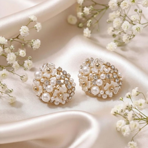 Floral Pearl and Crystal Stud Earrings New, White and Gold