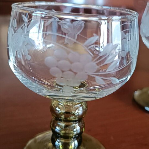 Roemer Wine Glasses vintage, engraved, olive stem, set of 6