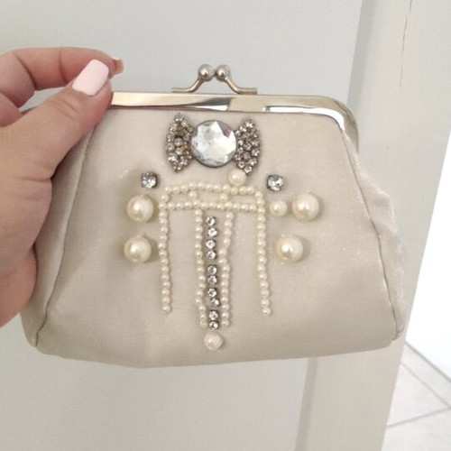 Handbag with Embroidered Pearls like new, with Chain