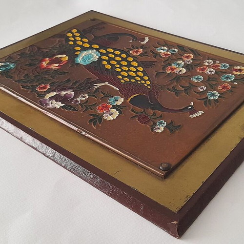 Vintage chalcography peacocks in frame used
