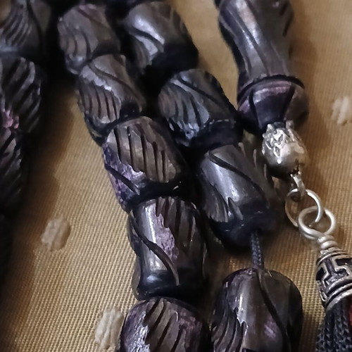 Komboloi bone engraved worry beads used with metal elements and tassel
