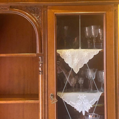 Handmade carved walnut display cabinet used, 1950s vintage