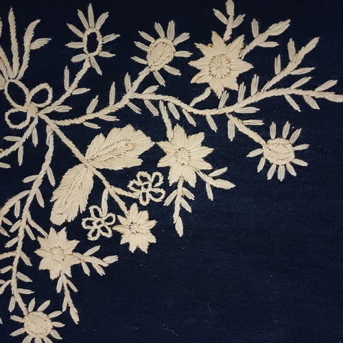 Felt tablecloth used, handmade, dark blue with ecru embroidery