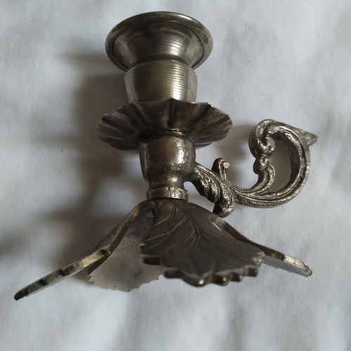 Vintage Metal Chamberstick Candlestick with Handle and Embossed Leaves used