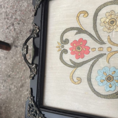 Wooden serving tray like new with brass handles and handmade Byzantine embroidery