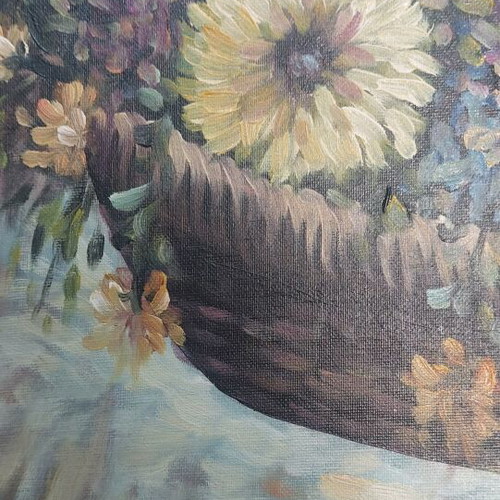 Vintage oil painting on canvas used, still life with flowers and frame