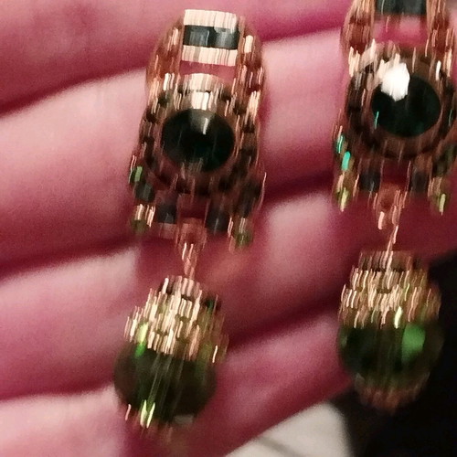 Dangling earrings like new, gold plated with artificial nephrite or stone