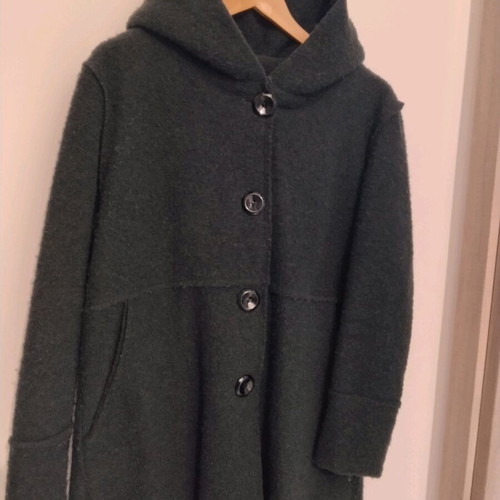 Wool coat in cypress color with oversized hood, used