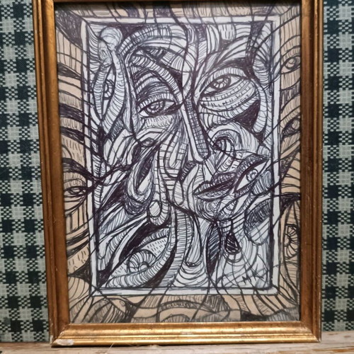 Handmade painting used with old frame and glass